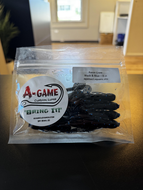 A-Game Custom Lures 3.5-inch Razor Craw in Black and Blue, 8-count package